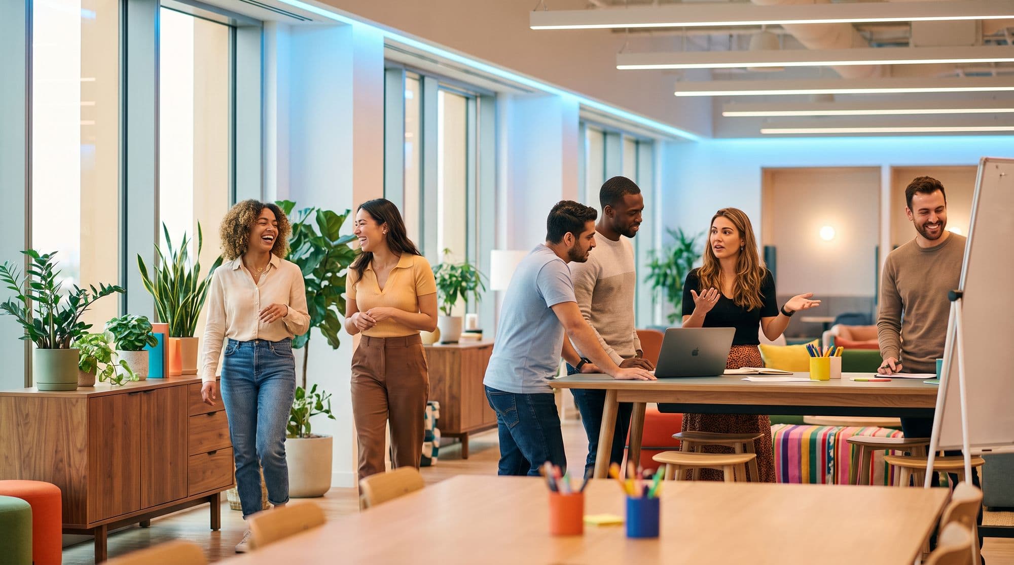 A software team collaborating at their workstations in an open-plan office