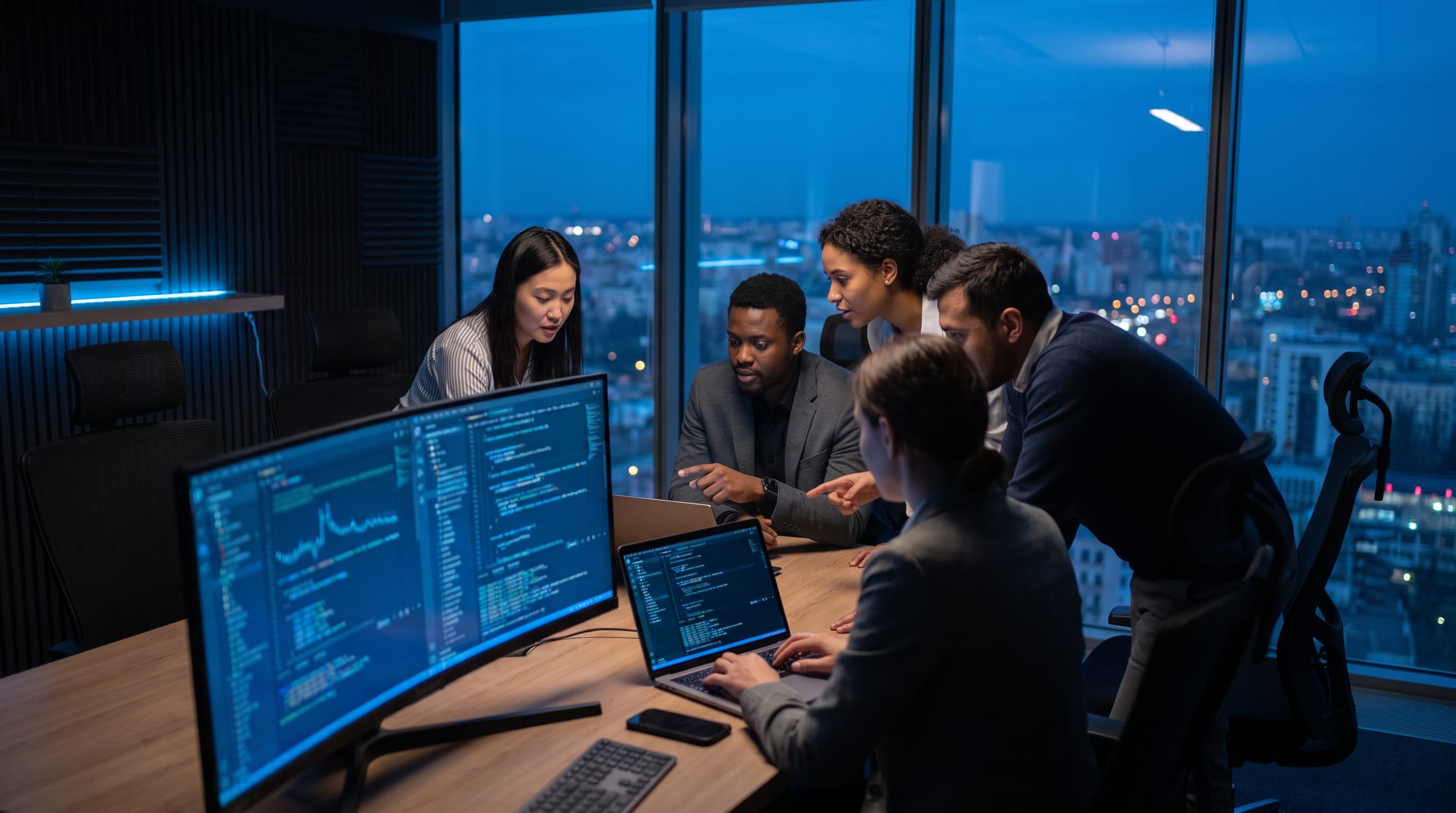 Colleagues reviewing work together around a table