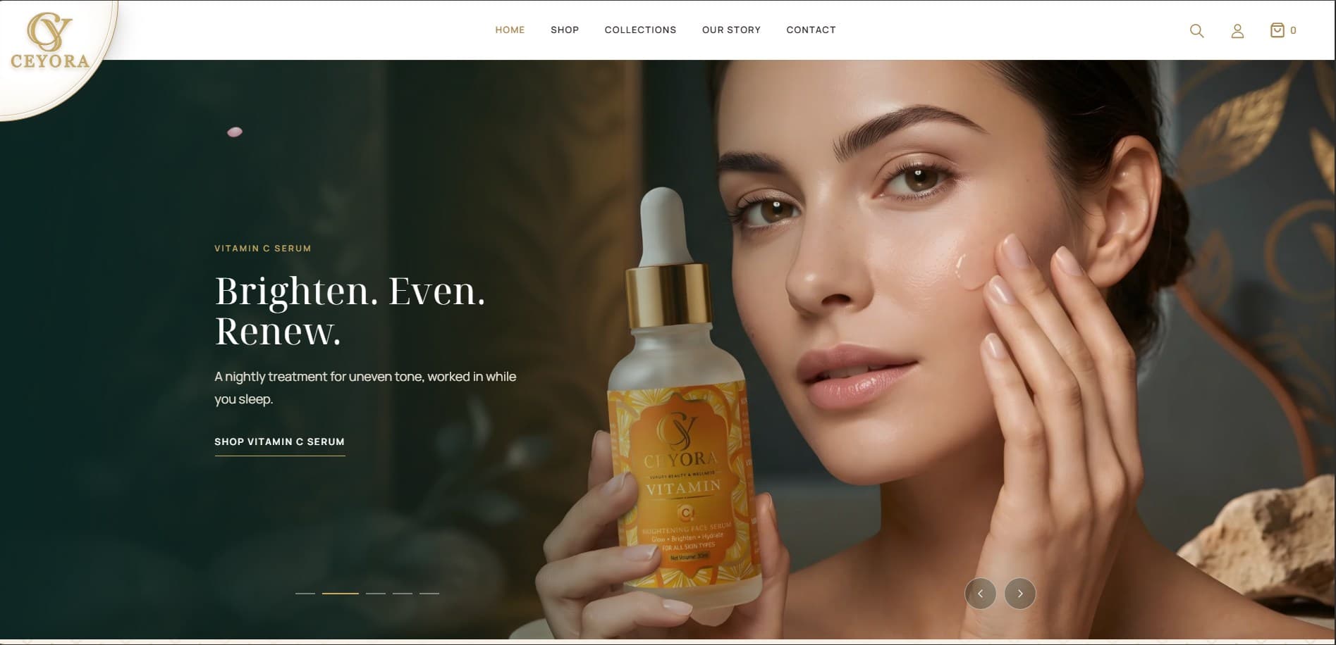 The Ceyora Cosmetics home page: a woman holding a Ceyora Vitamin C serum bottle against her cheek, beside the headline 'Brighten. Even. Renew.'