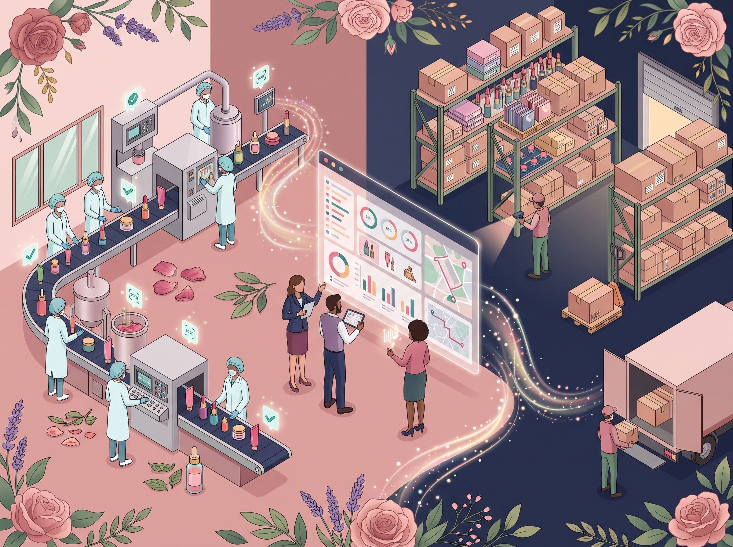 Illustration of Ceyora's stock flow: a cosmetics production line on one side, stocked warehouse shelves and a delivery van on the other, joined by a stock dashboard the team is reviewing.