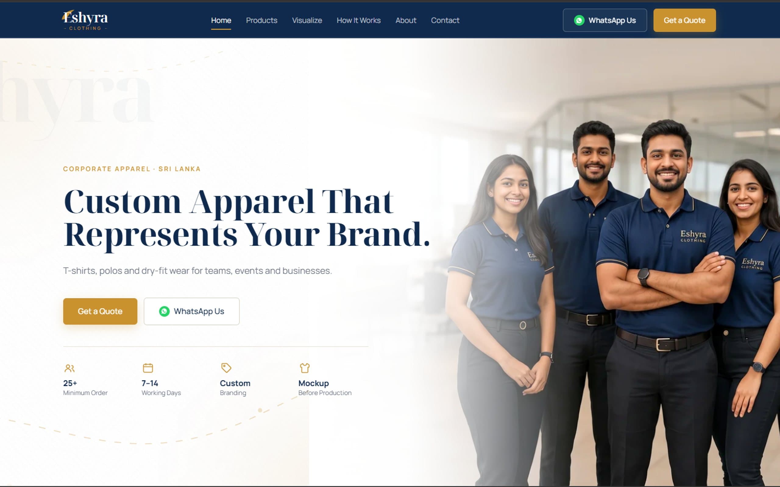 The Eshyra Clothing home page: five team members in navy branded polo shirts beside the headline 'Custom Apparel That Represents Your Brand.'
