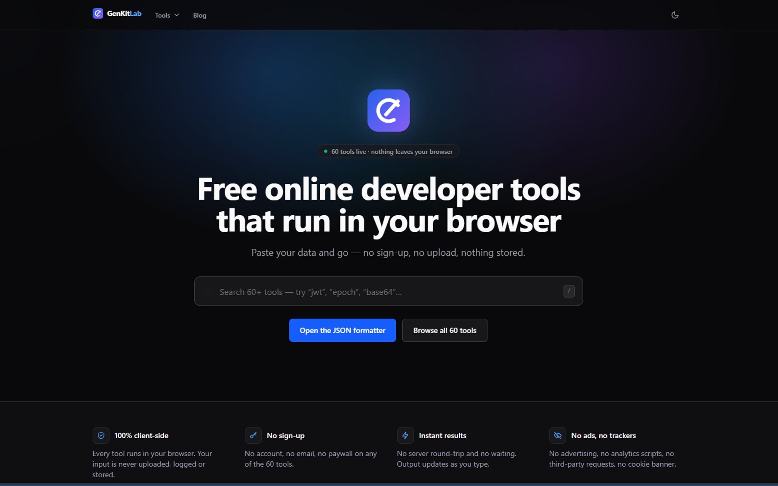 The GenKit Lab home page: a dark interface with the headline 'Free online developer tools that run in your browser' above a tool search bar.