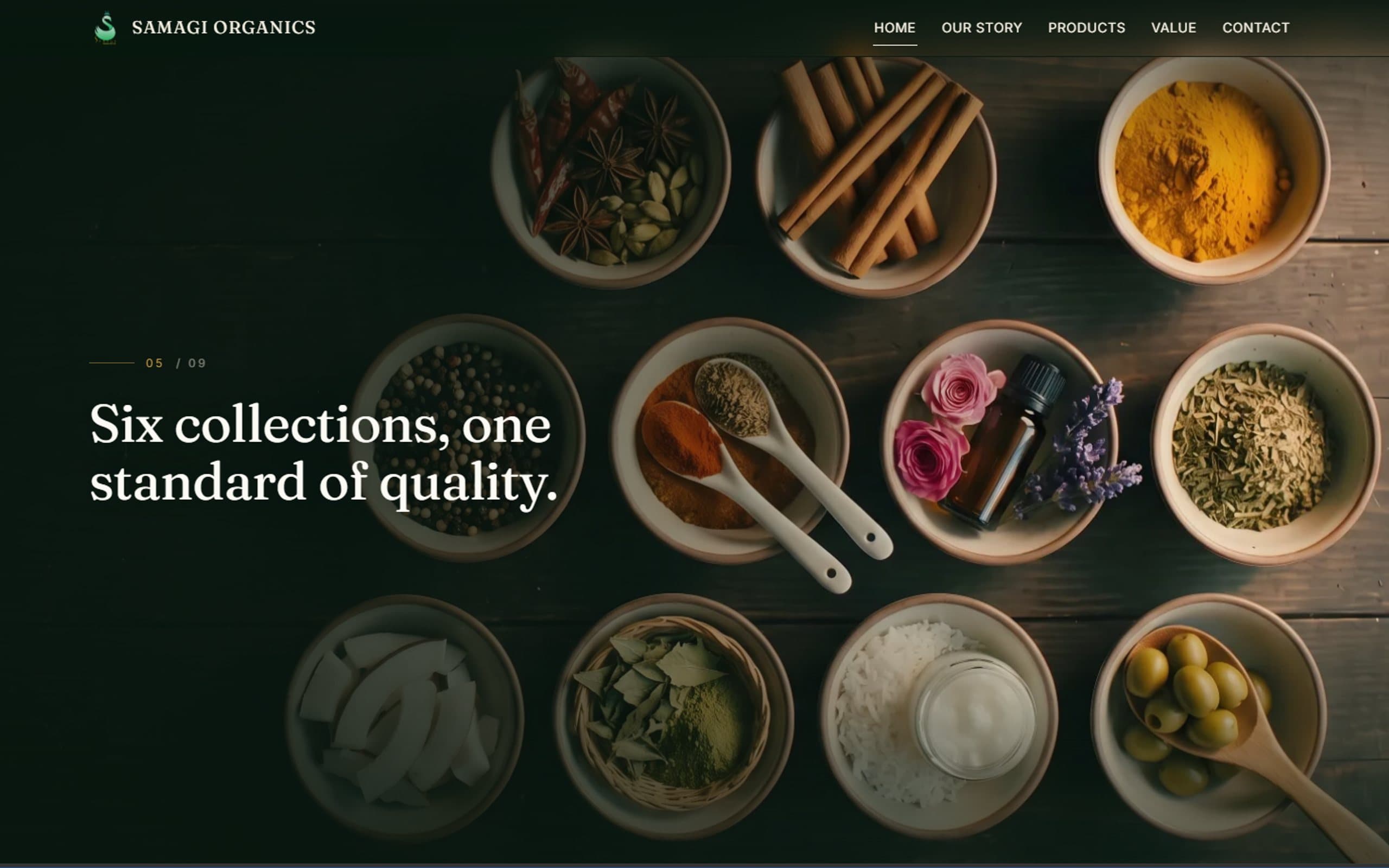 The Samagi Organics home page: an overhead photograph of organic spices, produce and oils in wooden bowls, under the headline 'Six collections, one standard of quality.'