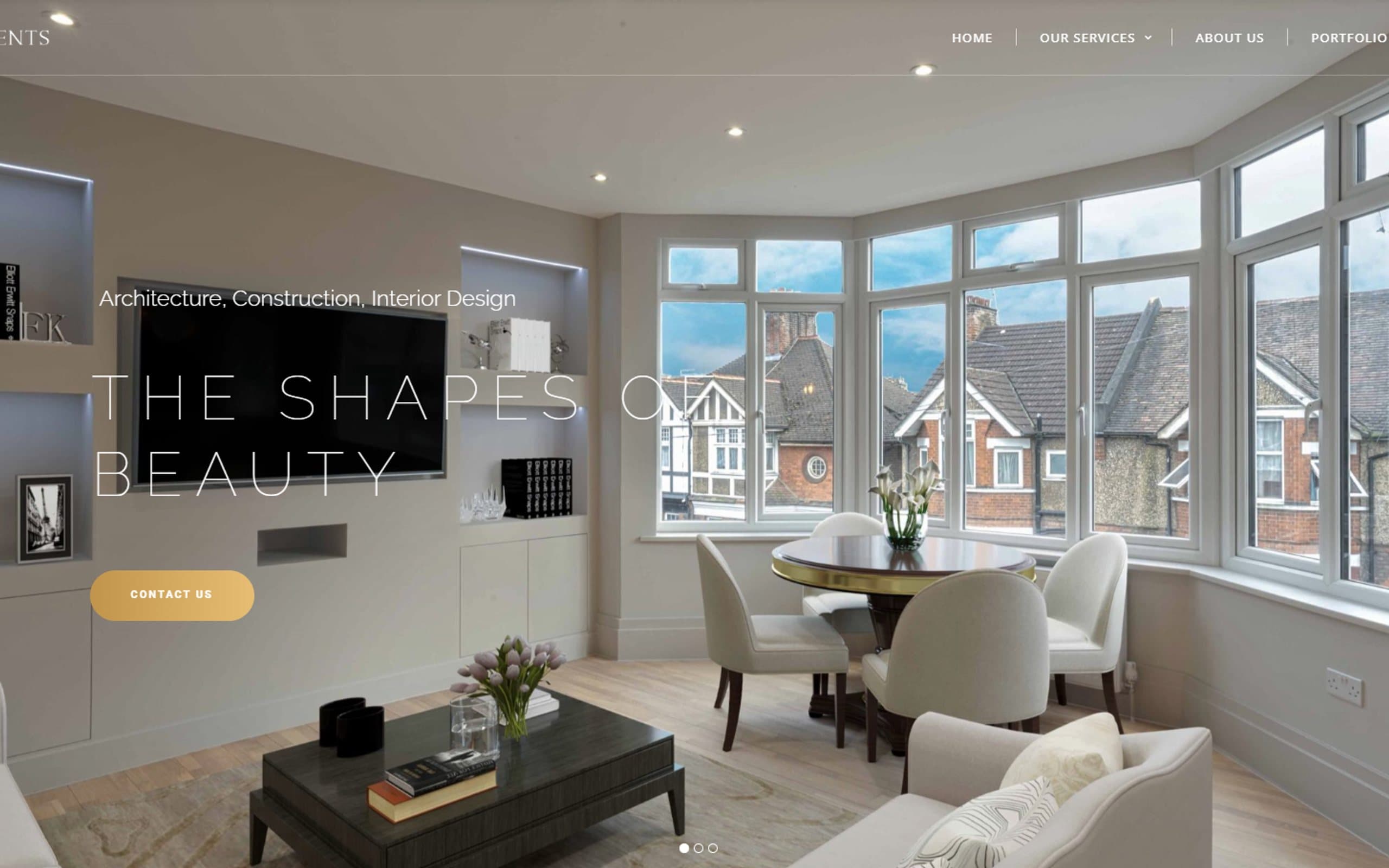 The VB Refurbishments home page: a finished London living room with bay windows, under the headline 'The Shapes of Beauty.'